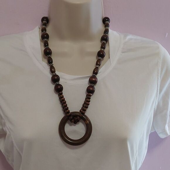 Dark Brown Polished Wood Bead Statement Necklace - Picture 1 of 6
